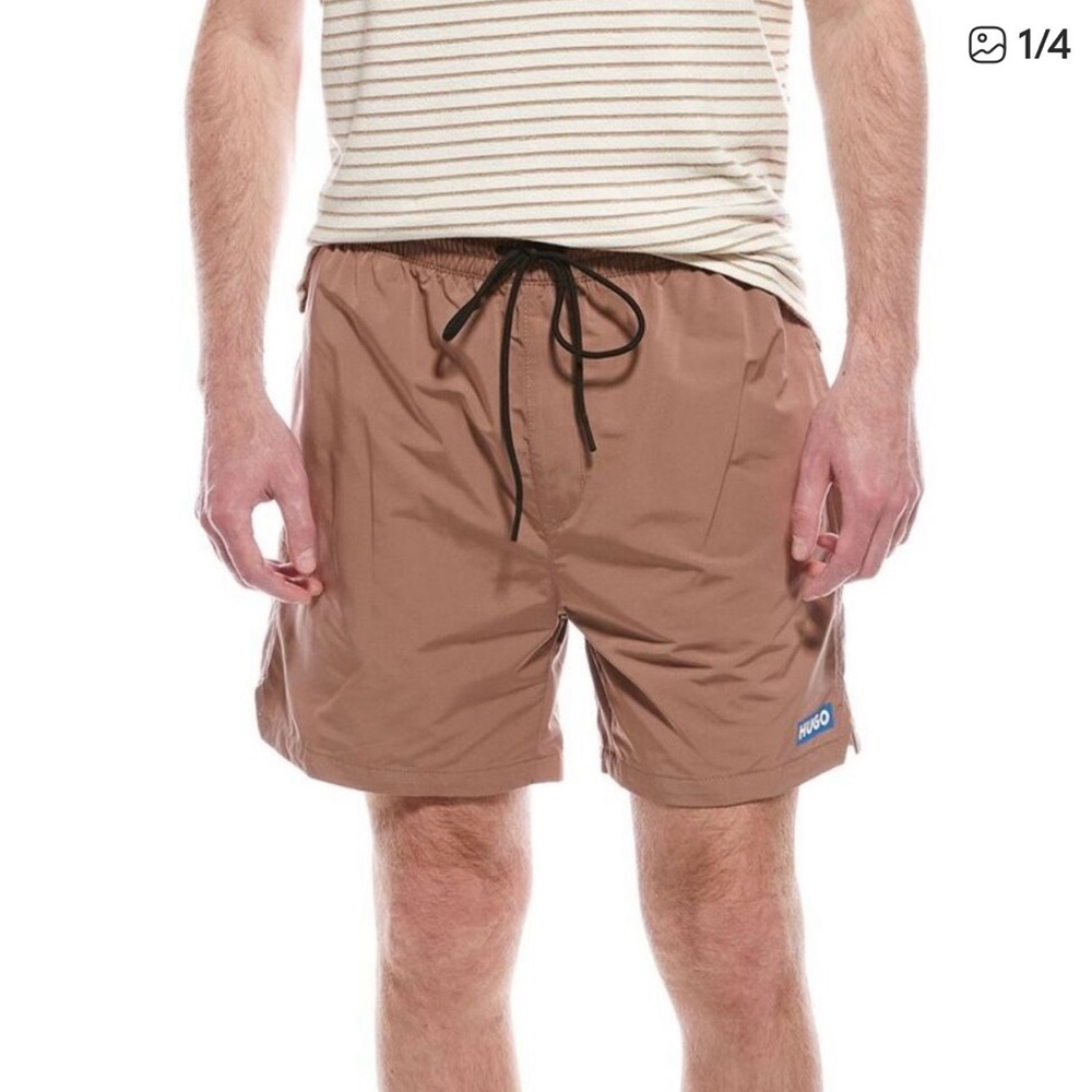 HUGO Boss Mens Brown Shorts Drawstring Size Medium Elastic Waist , small flaw
